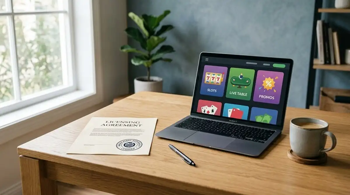 Casino zonder licentie 2026 werkplek met documenten en laptop