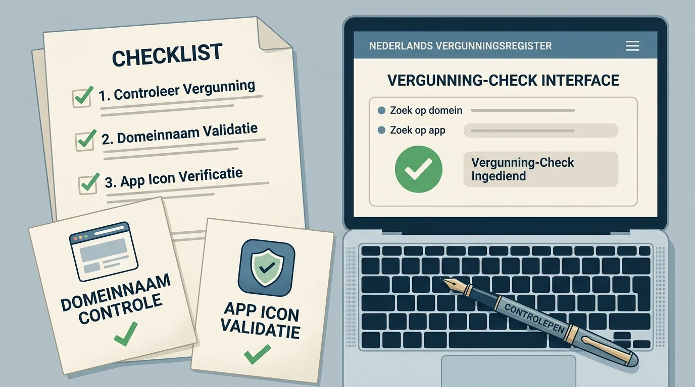 Rustig overzicht met stappen om een vergunning, domein en app te controleren